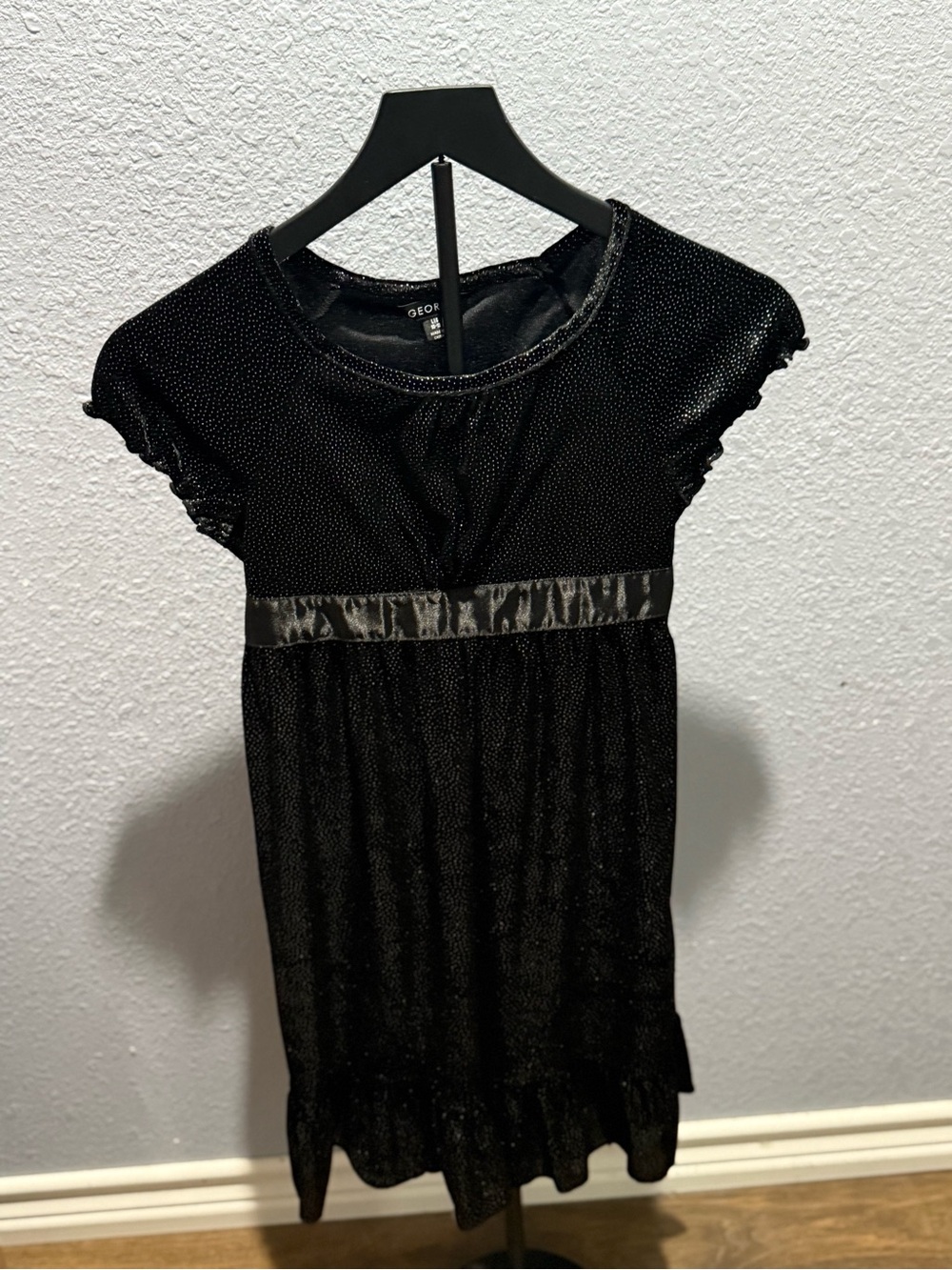George Black Glitter Short-Sleeve Dress with Satin Waistband Size 10/12